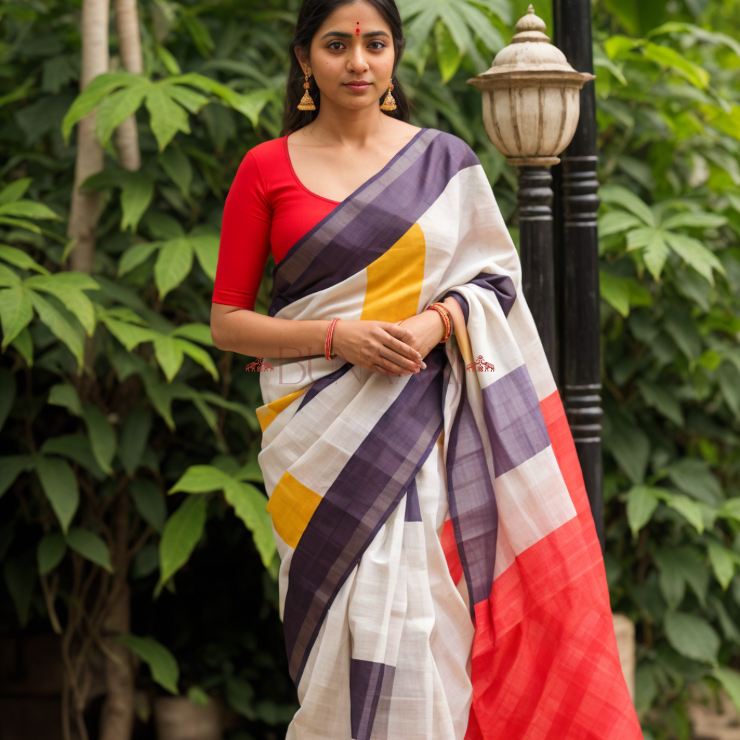 Cream Red Color Premium Chanderi Cotton Silk Saree