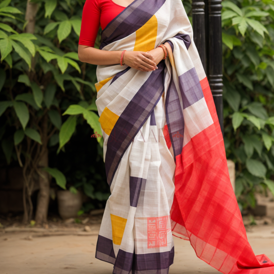 Cream Red Color Premium Chanderi Cotton Silk Saree