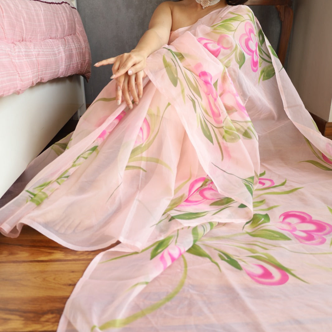 Graceful Lite Pink Digital Printed Organza Saree