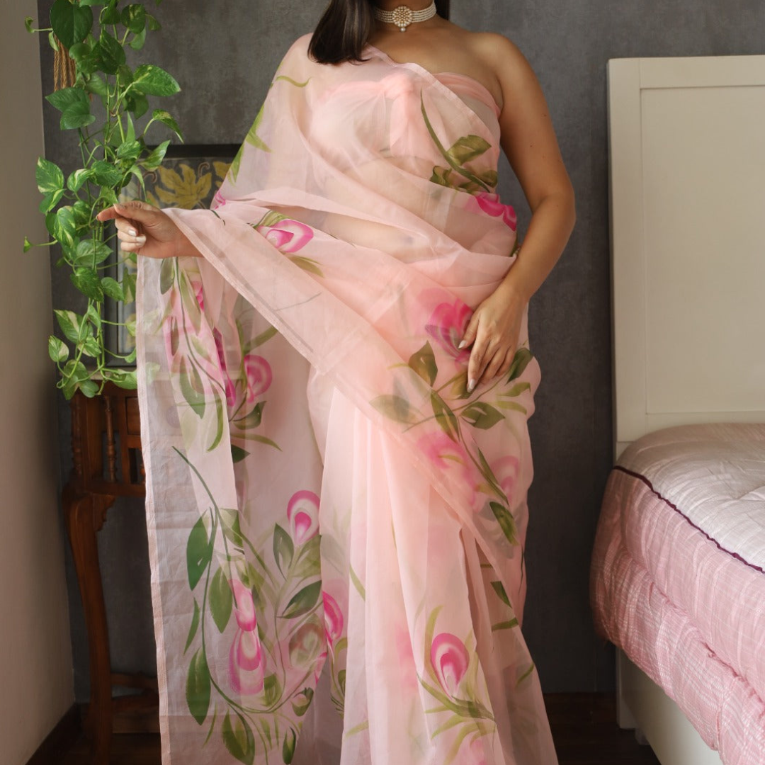 Graceful Lite Pink Digital Printed Organza Saree