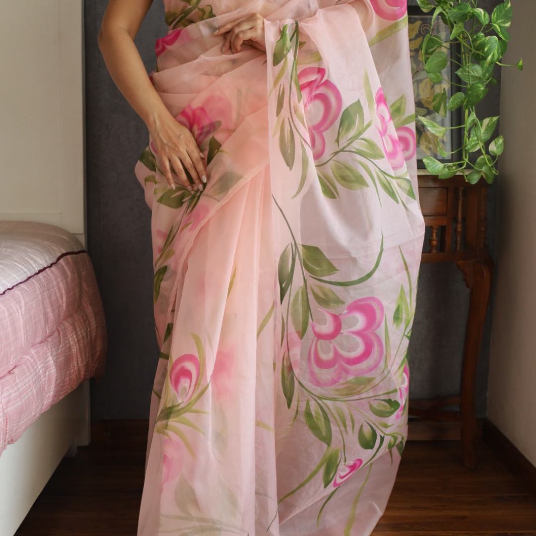 Graceful Lite Pink Digital Printed Organza Saree