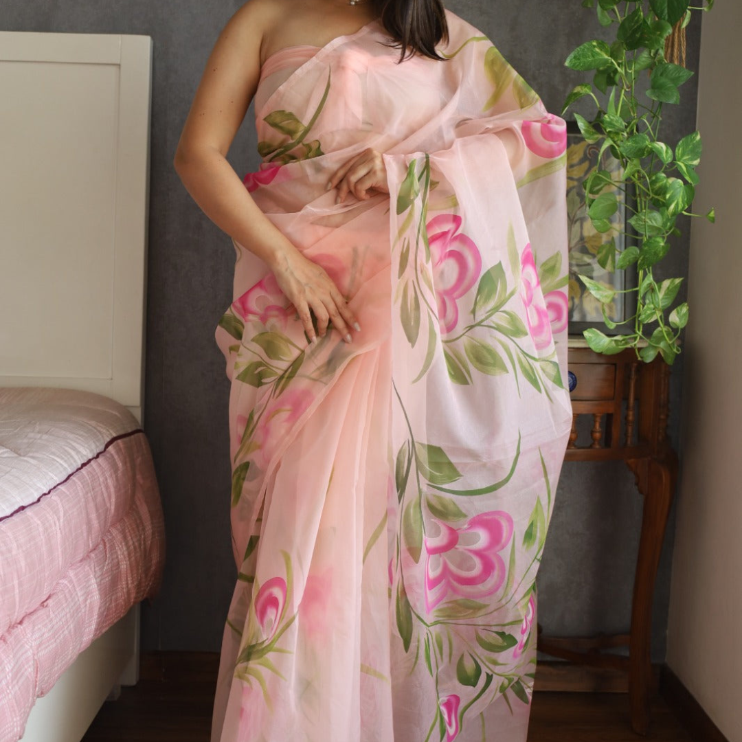 Graceful Lite Pink Digital Printed Organza Saree