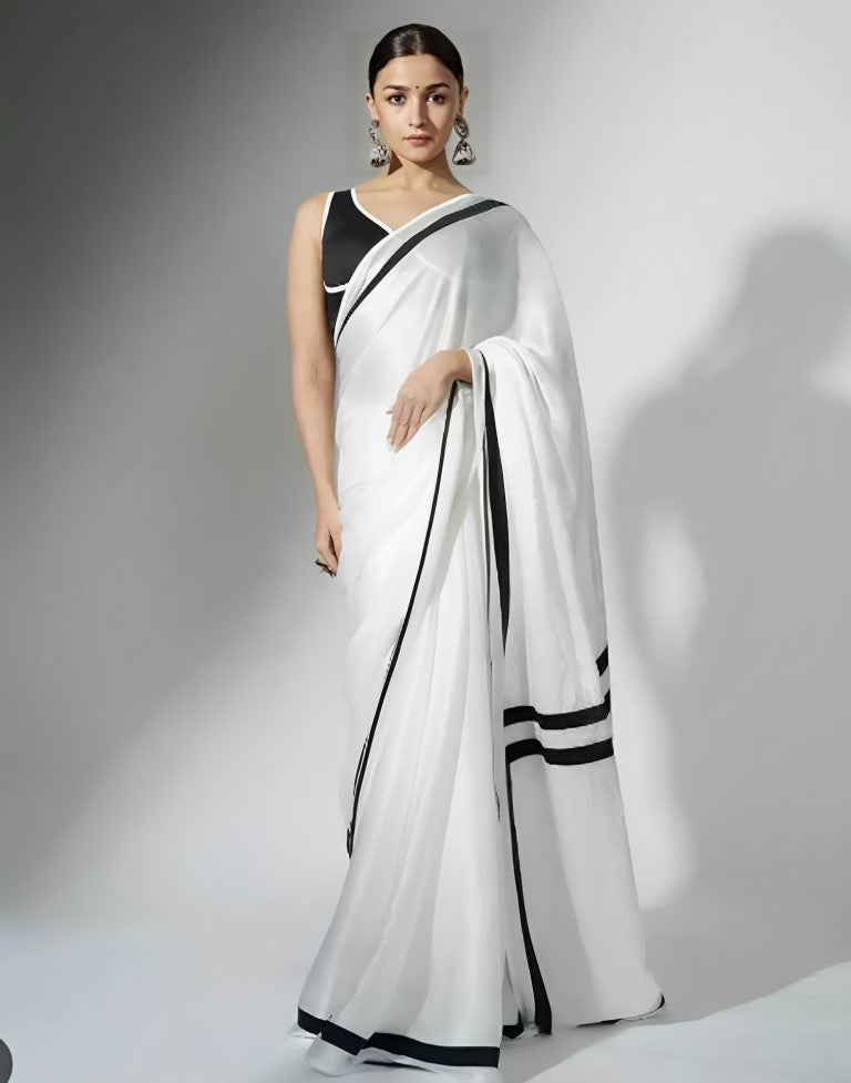 Stunning White & Black Color Rich Combination Satin Printed Saree