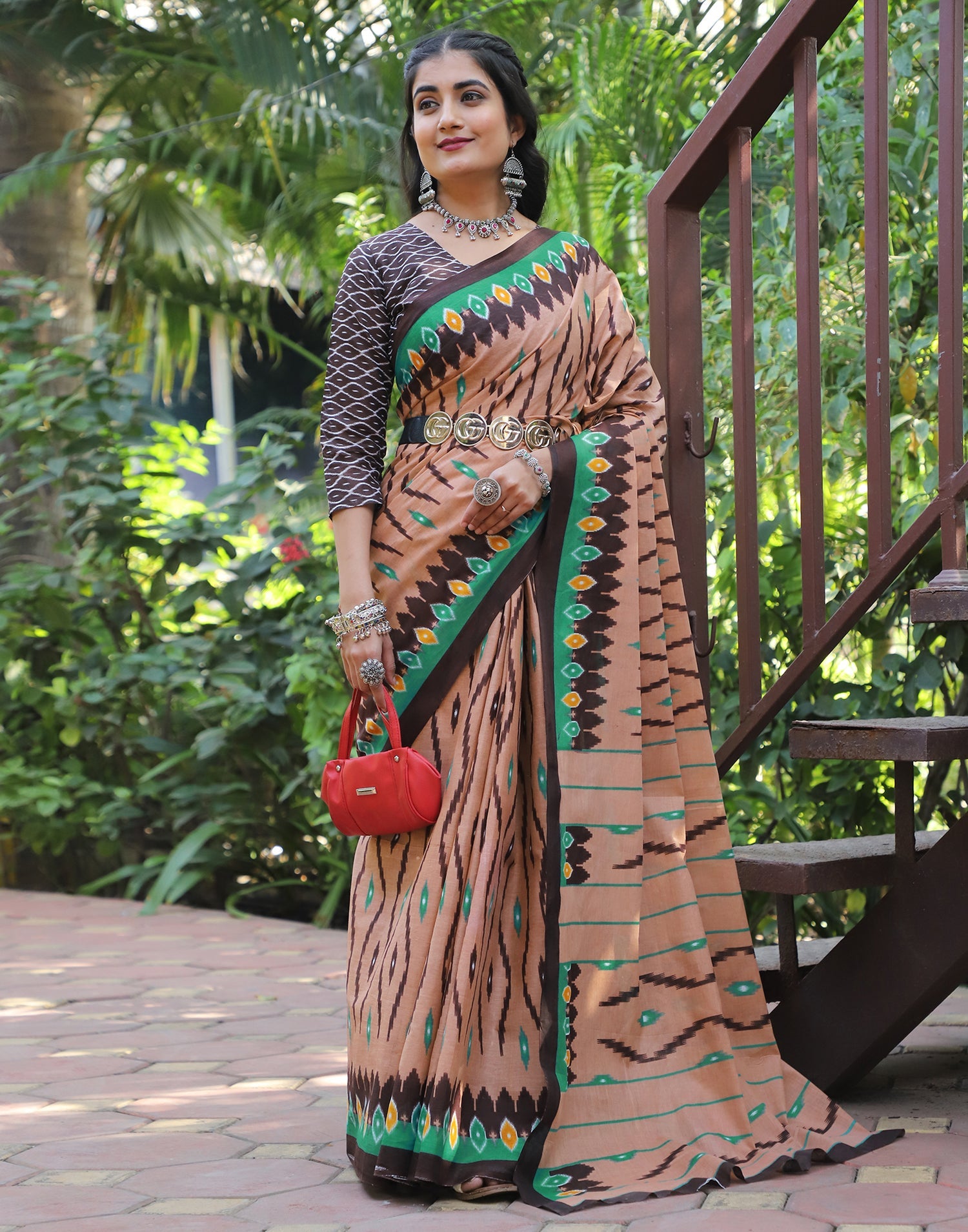 Elegant Brown Cotton Printed Saree