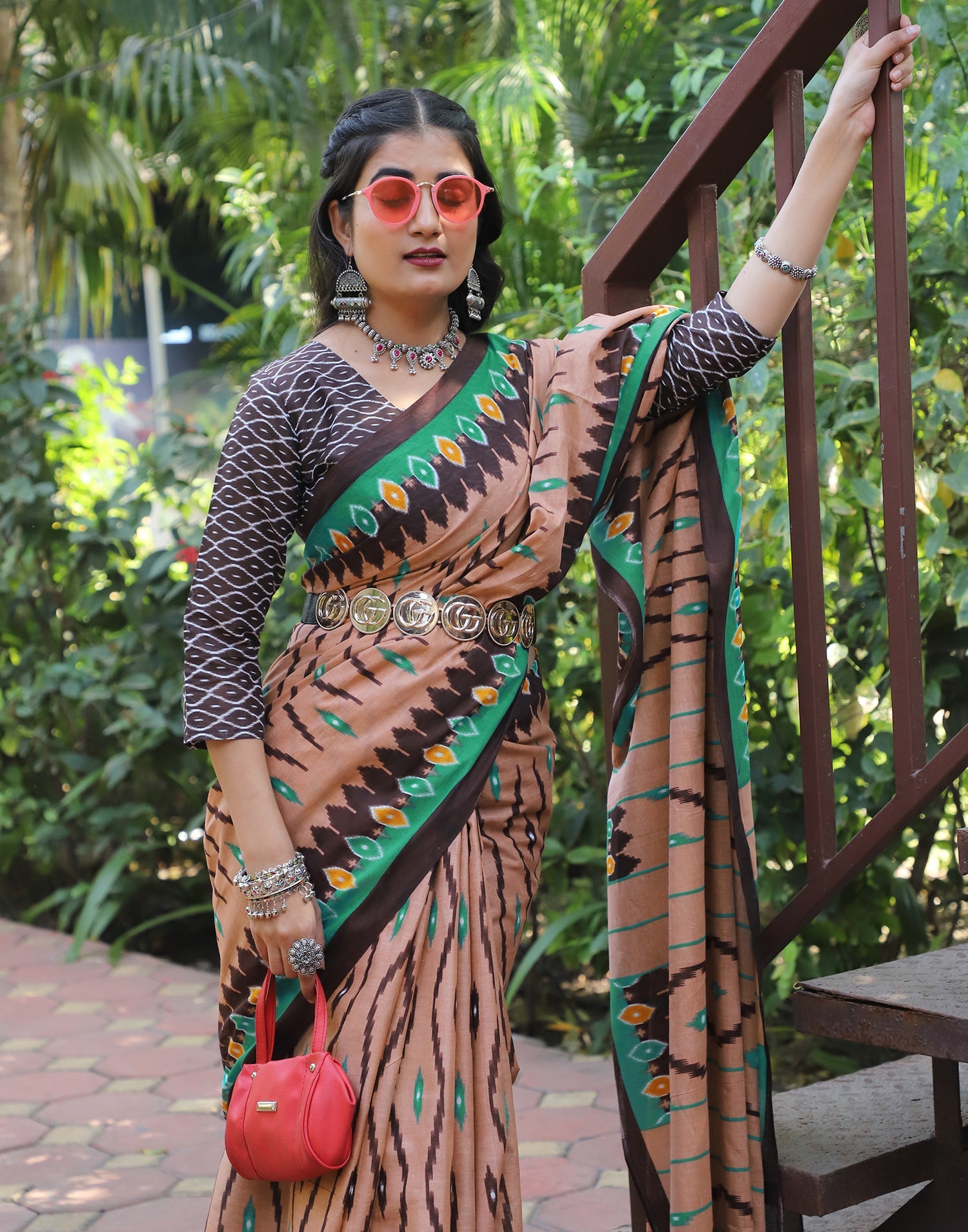 Elegant Brown Cotton Printed Saree