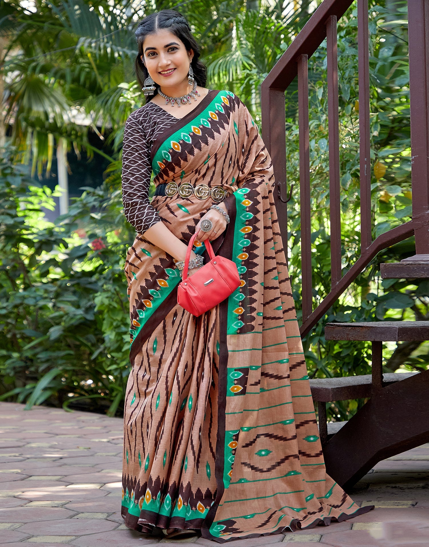 Elegant Brown Cotton Printed Saree