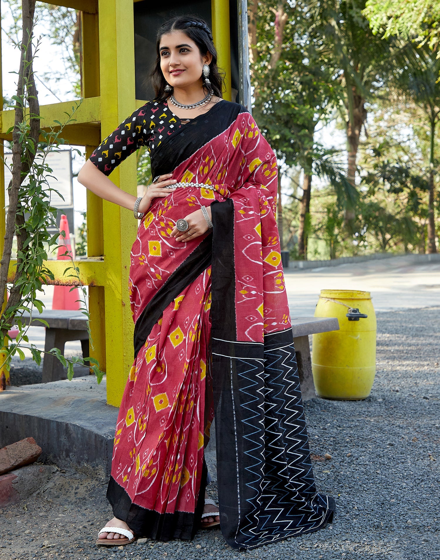 Charming Dusty Red Cotton Printed Saree