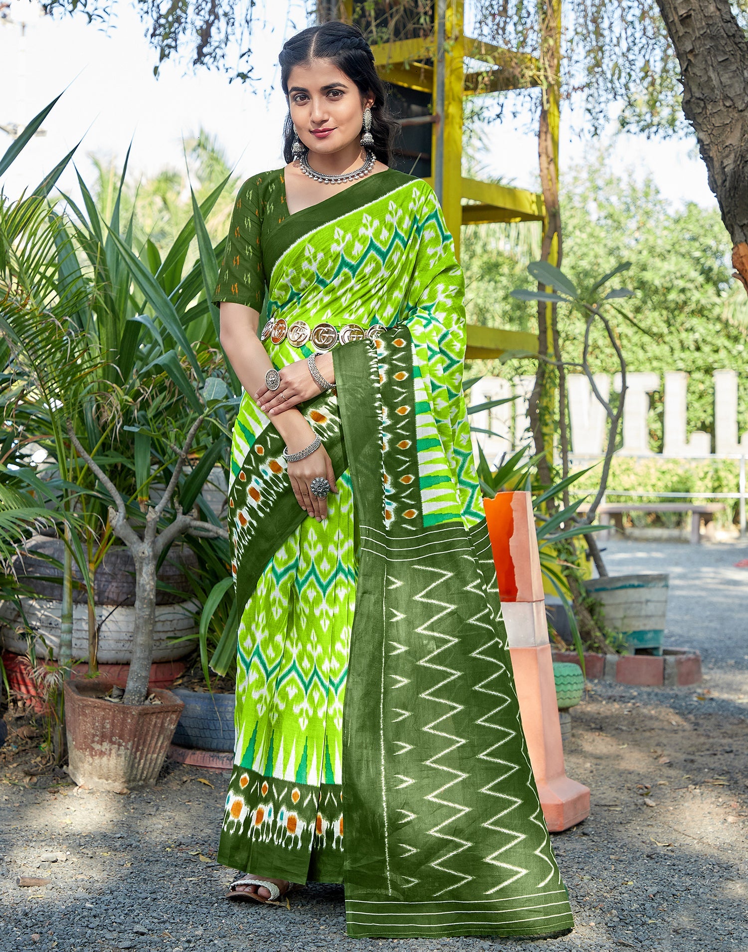 Vibrant Bright Green Cotton Saree