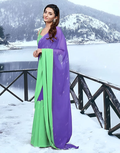 Elegant Purple & Green Plain Printed Chanderi Cotton Silk Saree