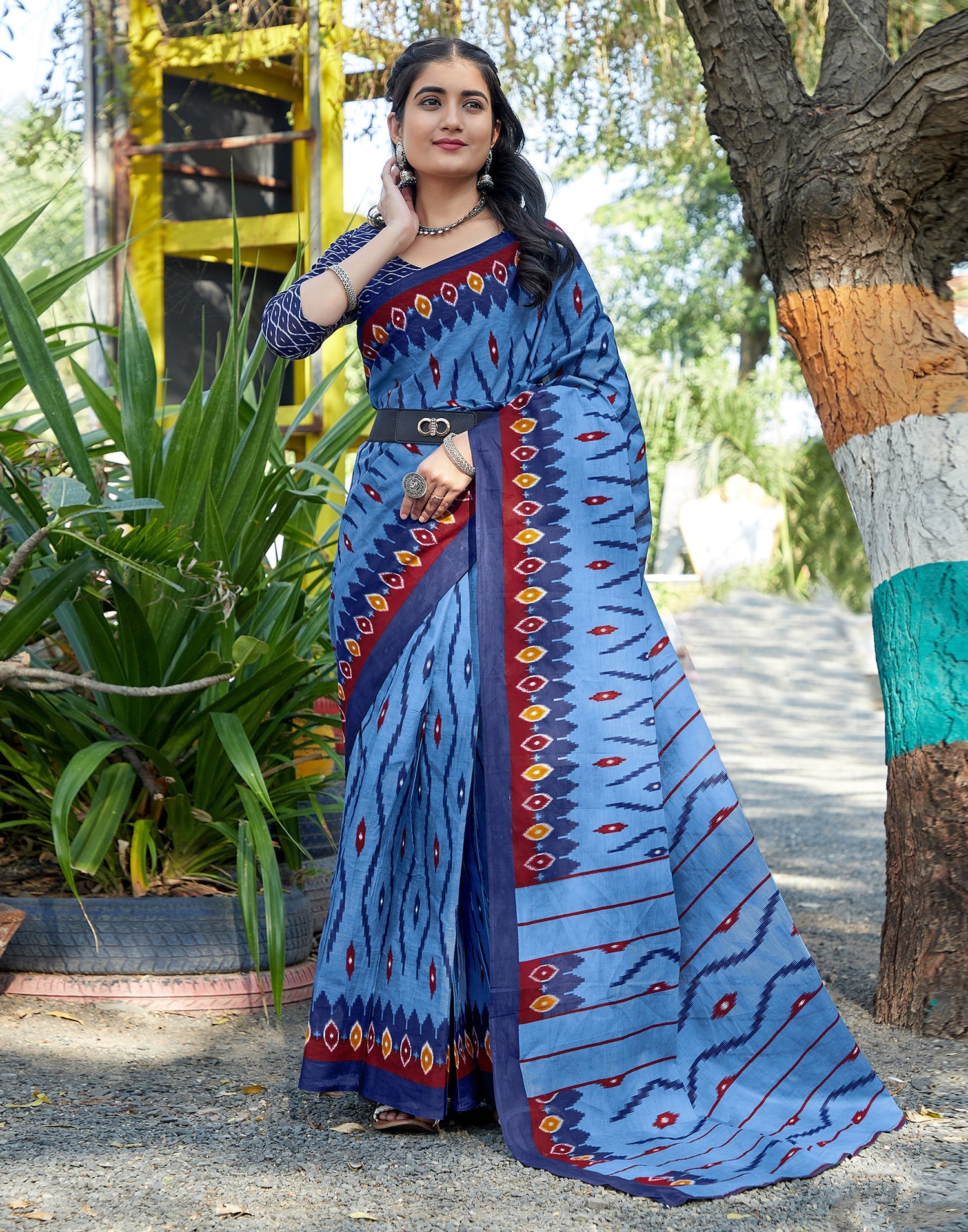 Serene Blue Cotton Printed Saree